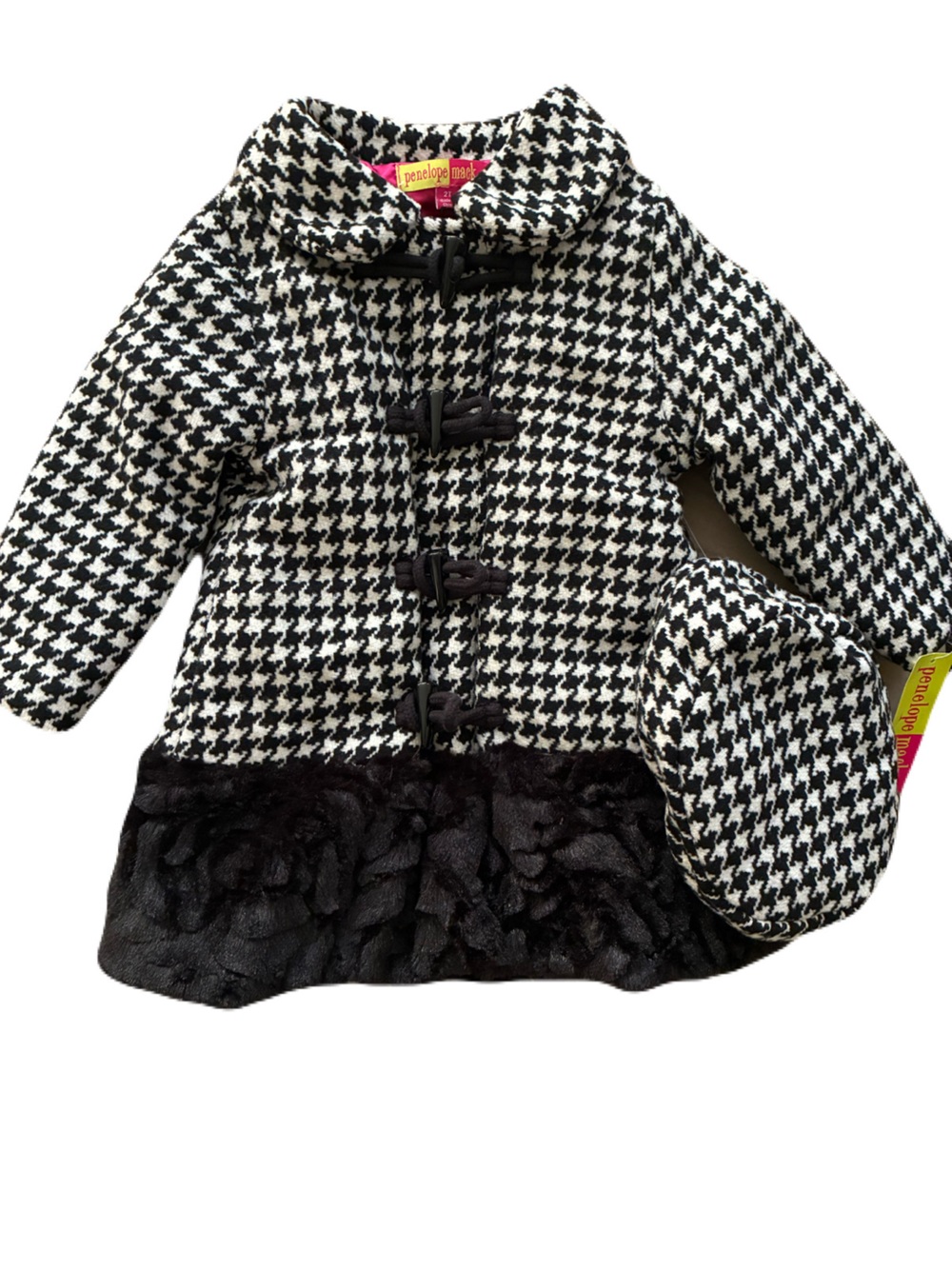 Kids Winter Coat 2T Black & White Houndstooth Toggle Pea Coat with hat